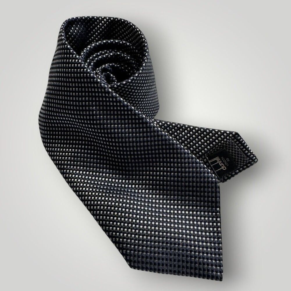 DUNHILL Tie Silk Tie Geometric 100% Silk Necktie Navy/Black/White